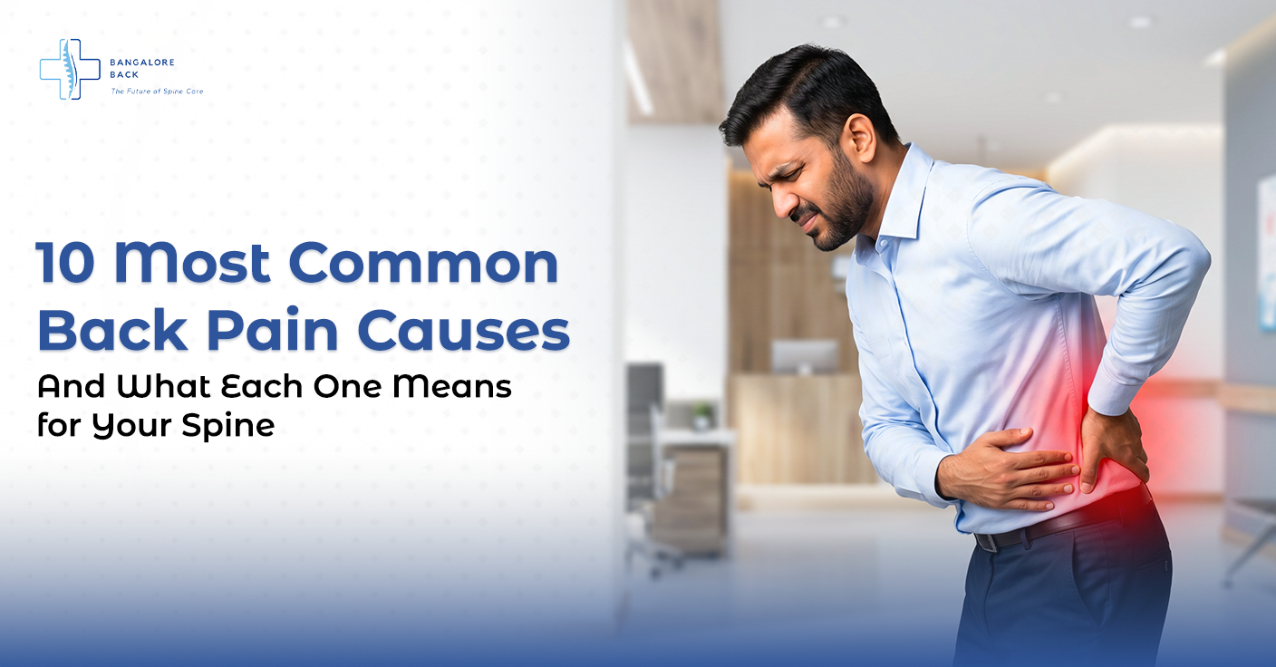 Man holding his lower back in pain inside a clinic, illustrating the 10 most common causes of back pain and their impact on spinal health.
