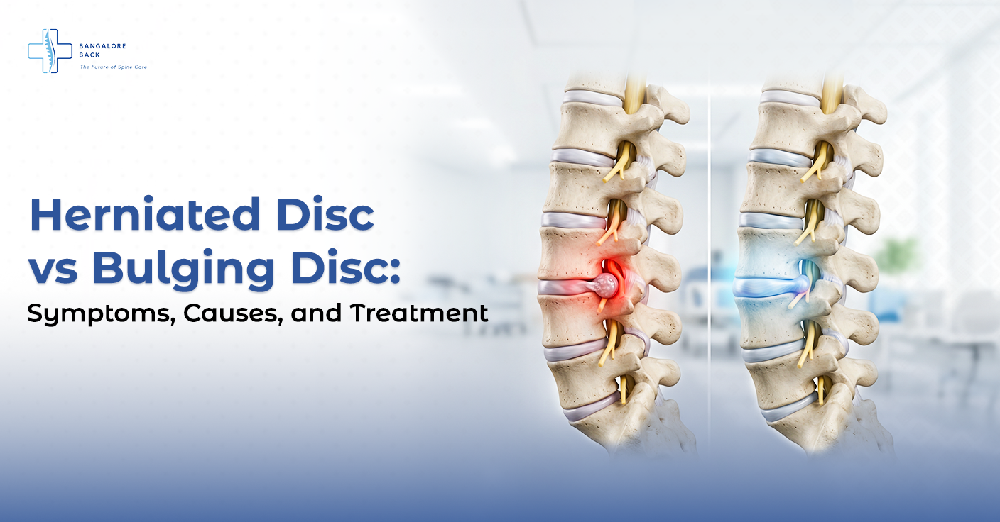 Comparison of herniated disc and bulging disc in the spine showing symptoms, causes, and treatment differences.