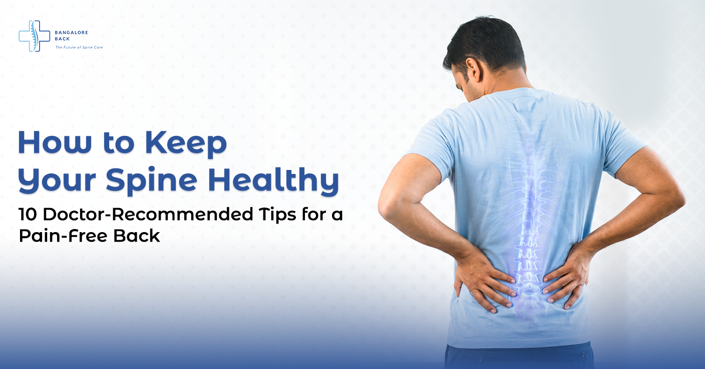 Man holding his lower back with highlighted spine illustration, representing spine health and back pain prevention.