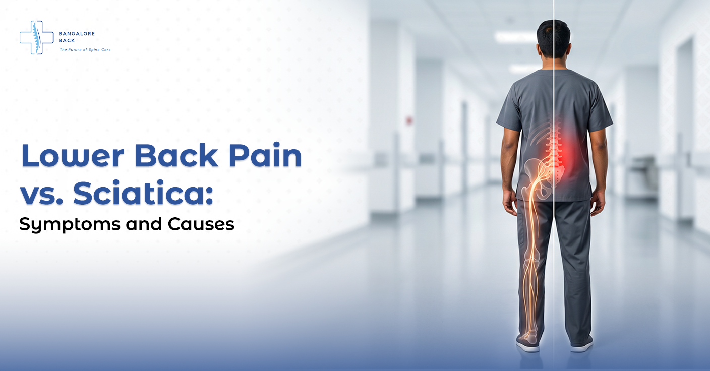 Person with highlighted sciatic nerve and lower back pain illustration comparing lower back pain and sciatica symptoms.