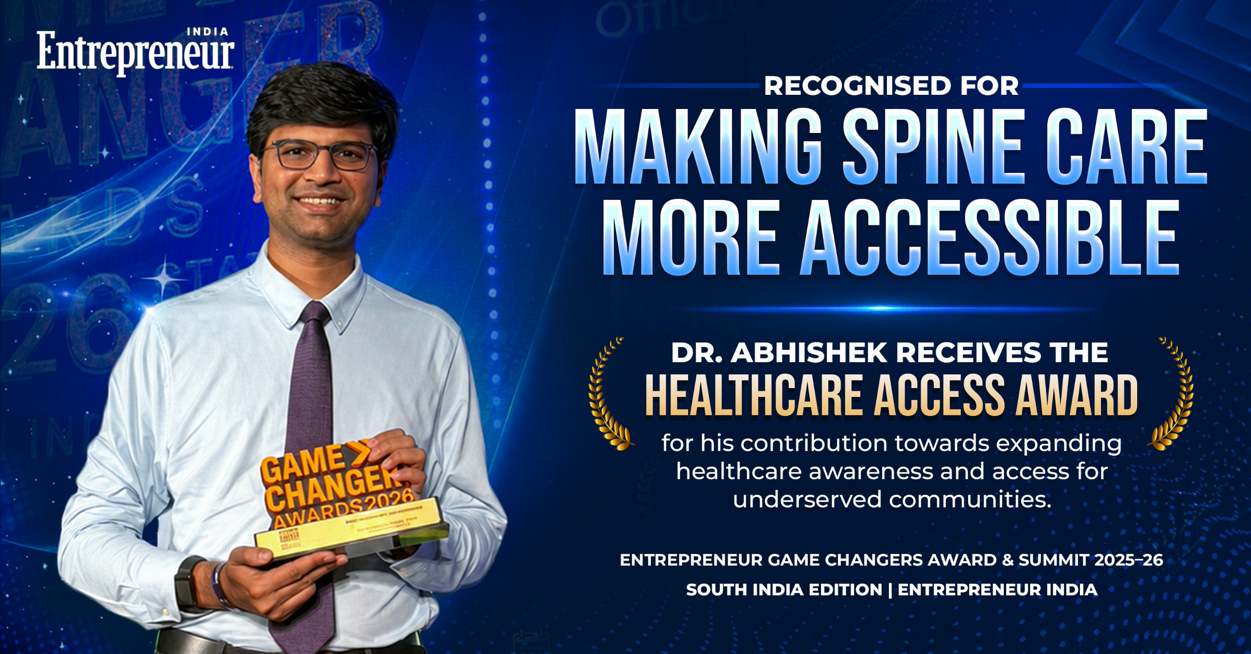 Dr. Abhishek Mannem receiving the Healthcare Access Award at the Entrepreneur Game Changers Award & Summit 2025–26.